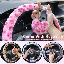 Muamos Leopard Steering Wheel Cover with Keychain, Elastic Fuzzy Fur Cheetah Car Steering Wheel Protector Women Girl Car Accessories Universal Fit 15 inch Fit Auto, Suvs, Truck- Pink