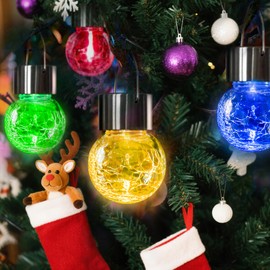 LQWELL Solar Hängeleuchten für außen, 4 STK Solar Außenleuchten, Crackle Glaskugel LaterneLicht, Wasserdicht, Mehrere Farben, Rissiges , Automatischer Wechsel für Party, Garten, Zaun, Baum Deko