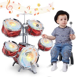 deAO Kids Drum Set Upgraded Kids Jazz Drum Set with 5 High Drums & Lights, Vibrating-Controlled, Drum Kit Musical Instruments Toys for Toddlers 3-5 Birthday (Red)