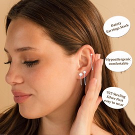 DORANA 3 Pairs 925 Sterling Silver Stud Earrings for Women Non Tarnish Hypoallergenic Stud Earrings for Women Tiny Chain Studs Silver Cartilage Stacks Jewelry