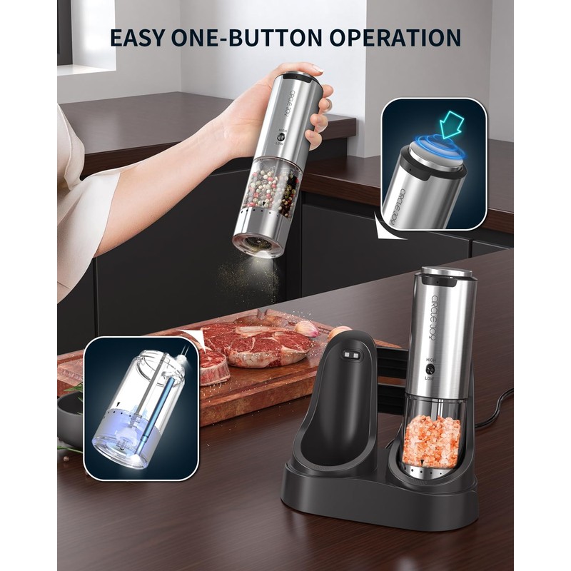 CIRCLE JOY Rechargeable Salt and Pepper Grinder Set Stainless Steel
