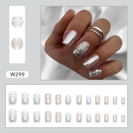 RTKHFZE Square Press on Nails Silver Fake Nails Medium Length Glue on Nails for Women Full Cover Glossy False Nails with Designs Medium Square Acrylic Nails for Nail Decorations 24PCS