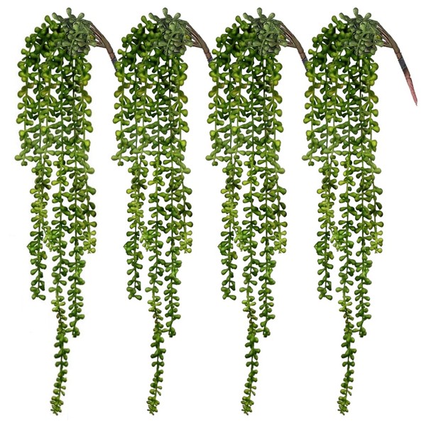 CEWOR 4pcs Artificial Succulents Hanging Plants Fake String of Pearls for Wall Home Garden Decor (24 Inches Each Length)
