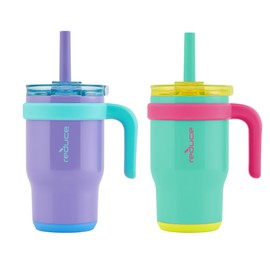 REDUCE 14 oz Coldee Tumbler with Handle for Kids - 2 Pack, Leakproof Insulated Stainless Steel Mug with Lid & Spill-Proof Straw, Keeps Drinks Cold up to 18 Hrs, Purple and Teal