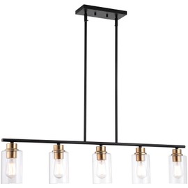 mavcadonf Kitchen Island Light, 5-Light Pendant Lighting, Farmhouse Industrial Dining Room Light Fixtures for Kitchen Island Dining Living Room, Matte Black Gold with Clear Glass Shade