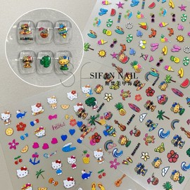 [Overseas] Kitty Nail Sticker Summer Hawaii Beach Kt Cat Coconut Surf Beach Katie Cat Nail Sticker 9 00 [3D Seal 1] 30ea