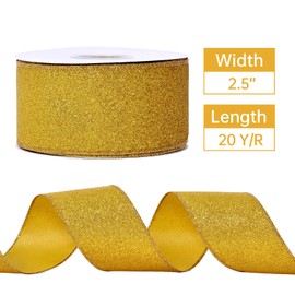 YAMA Glitter Wired Ribbon, Yellow Gold, 2-1/2 inch x 20 Yards, for Christmas, Gift Wrapping, Wreath, Crafts, Bow Making and Party Decoration