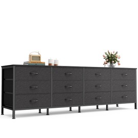 Huuger 70 Inch Dresser for Bedroom, TV Stand for 65, 75, 80 Inch TV, 12 Fabric Drawer Long Dresser, Large Storage Organizer Unit, Wide Chest of Drawer with Storage, for Living Room, White