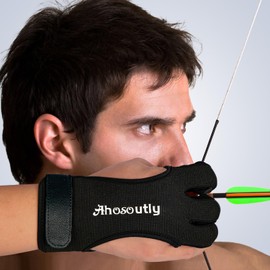 AHOSOUTLY Archery Glove Three Finger Leather Elasticity Archery Protective Gloves Archery Shooting Gloves for Adult and Kids, Archery Protective Gear (Black, Large)