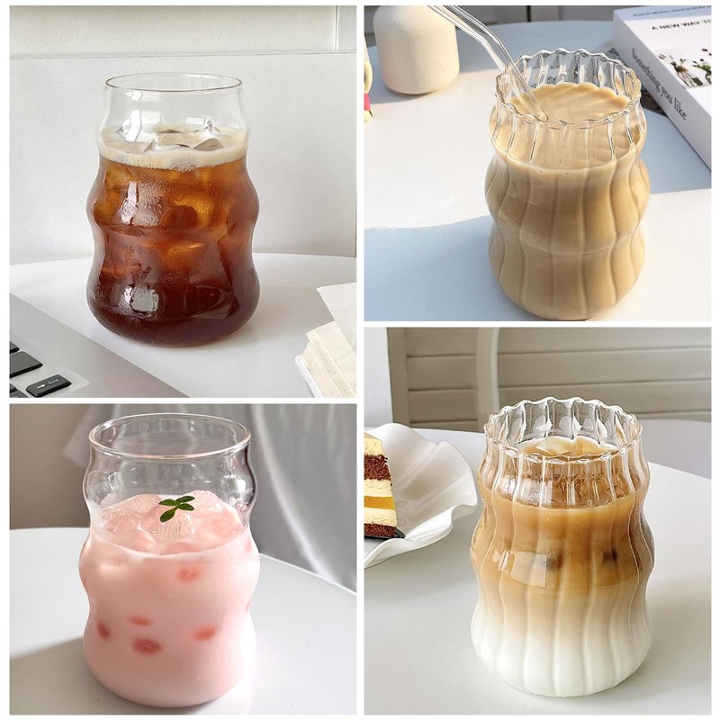 GUOJOZO 2 Pcs Ribbed Glass Cups 18 Oz Vintage Drinking
