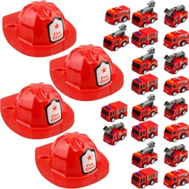 Flotory 40 Pcs Kids Firefighter Party Favors Inlcude 20 Plastic Fireman Helmet 20 Mini Pullback Fire Engine Trucks Fire Chief Hat for Boys Girls Cosplay Accessory Bag Filler Gift