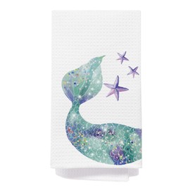 AQYIP Mermaid Bathroom Decor Hand Towels, Mermaid Gifts for Girls Women, Kids Girls Bathroom Decor, Blue Glitter Tail Decorative Hand Towels, Coastal Beach Ocean Kitchen Towels, 16x24 Inch