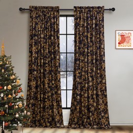 StangH Gold Curtains 90 inches Long Soft Velvet Vintage Print Floral Home Decor Heavy Privacy Thermal Insulated Window Drapes for Living Room/Bedroom/Office, W52 x L90, 2 Panels