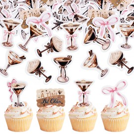 40PCS Edible Martini Bow Cupcake Toppers A Tini Bit Older Coffee Cupcake Glutinous Rice Paper Decorations Martini Bow Themed Birthday Bachelorette Bridal Shower Party Decorations