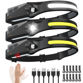 Rechargeable Headlamp 3PCS, 230° Wide Beam Head Lamp, Motion Sensor LED Headlamp Rechargeable, 5Mode Bright Headlamps for Adults, Head Lights for Forehead, Hard Hat Headlight, Camping Essentials Gear