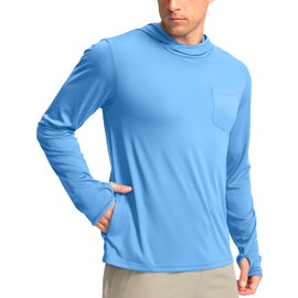 Men's Sun Protection Shirts UPF 50+ Long Sleeve Hoodie with 2 Pockets UV SPF Fishing Hiking Rash Guard Outdoor Shirts (Sky Blue, X-Large)