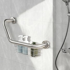 Upgrade 16 inch Angled Grab Bar with Storage Basket, Handicap Grab Bar for Elderly, Stainless Steel, Grab Bars for Shower, Bathroom Mobility Aid, Heavy Duty 550lbs Support
