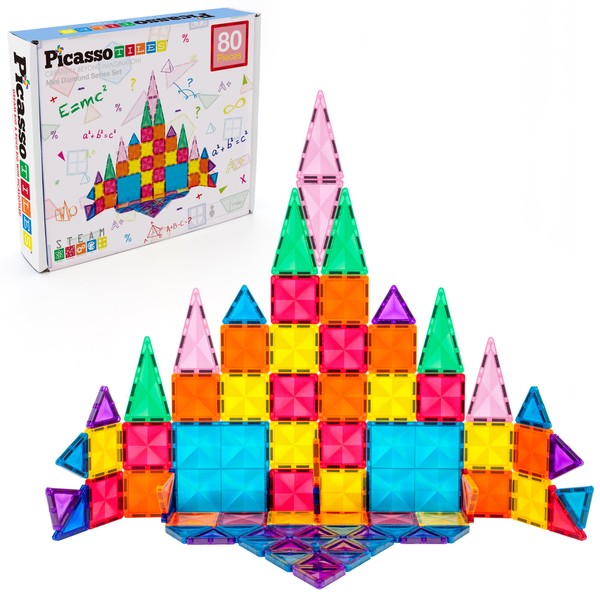 PicassoTiles 80 Pieces Magnetic Tiles Building Blocks Mini Size Diamond Series Magnet Toys Travel Size On-The-Go Construction Sensory Toys Gifts Educational Set STEM Learning Kit Playset PTM80