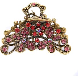 Retro Flowers Hair Claw Clip for Women Lady Vintage Alloy Rhinestone Hair Jaw Clips Hairpin Fancy Hair Clamp (Red, One size)