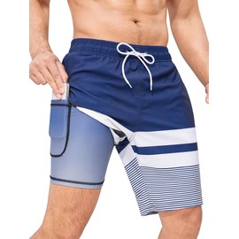 SILKWORLD Mens Swimming Trunks with Compression Liner 2 in 1 Quick-Dry 9" Swim Shorts with Zipper Pockets, Blue Stripes, Large