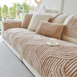 tianxinbaobei Non Slip Sofa Covers Washable and Durable, Waterproof Sofa Cover 4 Seater, Faux Fur Plush Couch Cover for Dogs, Pets(Khaki/36 x82/4-Seater Sofa Cover)
