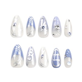 Blue Press on Nails Medium Almond Fake Nails Press ons with Designs Rhinestone Bow False Nails Glossy Full Cover Stick on Nails Charms Cute Acrylic Glue on Nails for Women Manicure 24Pcs