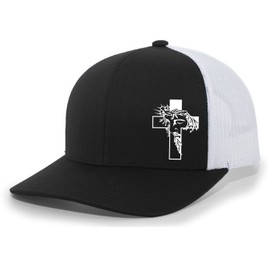 Jesus Cross Crown of Thorns Christian Men's Mesh Back Trucker Hat Baseball Cap, Black/White