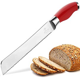 Zulay Serrated Bread Knife 8 inch - Ultra-Sharp & Durable Blade For Easy Slicing - Lightweight 304 Stainless Steel One Piece Design with Tip Safety Guard - Cut & Slice Bread, Vegetables & More (Red)