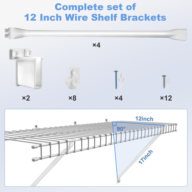 12 Inch Wire Shelf Brackets Set, 4 Pack Metal White