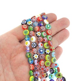 Flat Round Glass Beads 8mm x 4mm - Assorted Floral Millefiori - 1 Strand 52 Beads - BD2398
