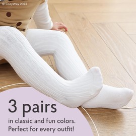 CozyWay Cable Knit Cotton Leggings/Tights for Baby Girls, 3 Pack, White/Pink/Black, 0-3 Months Old