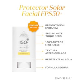 ENVERA  Protector Solar Facial y Corporal 3 en 1 FPS 50 UVAUVB, PA  15gr  Humectante, Antioxidantes  Bloqueador Solar en Barra Hipoalergnico...       