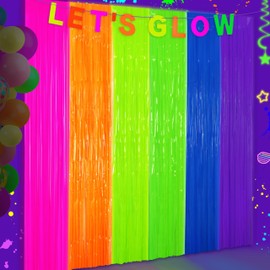 Glow in The Dark Tinsel Curtains 2 Pack - 3.3x6.6ft UV Reactive ‌Fluorescent Party Backdrop for Neon, Birthday, Pride Decorations, Pre-Taped, Lightweight Waterproof