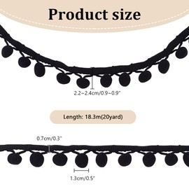 PH PandaHall 20 Yards Cotton Pom Poms Balls Fringe Trim, 13mm Round Pompoms Ball Triangle Connect Tassel Trim Black Ribbon Fringe Tassel Lace for DIY Craft Sewing Home Clothes Pillow