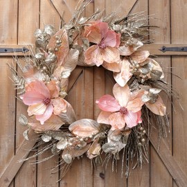 Idyllic 18 Inch Winter and Christmas Magnolia Flowers Gold Glitter Wreath for Home and Front Door Decor, Pink and Gold Magnolia Flower Wreath for Indoor
