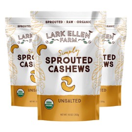 Lark Ellen Farm Unsalted Organic Raw Cashews, Sprouted, Air-Dried, Gluten-Free, Non-GMO, Vegan, Keto, Certified USDA, Peanut-Free Facility, Resealable Bag (10 oz, 3 pack)