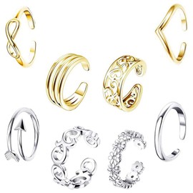 EQLEF Toe Ring Set Gold and Silver Adjustable Open Ring Ankle Ring and Tail Ring Gift Jewelry Set (8pcs)