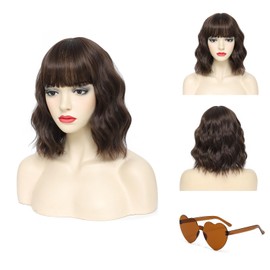 LUVEUNI Short Brown Wavy Wigs with Bangs Brown Bob Wig for Women 12 Inch Wig Synthetic Fiber Hair Wigs Natural Looking for Daily Use (Wig and Sunglasses)