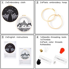 Line Embroidery Kit for Adults Kids Beginners, Hand Embroidery Starter Kit with Black White Pattern, Counted Stamped Cross Stitch Needlepoint Kit for Beginner Adult, 2 Set Embroidery Supplies, 2 Hoops