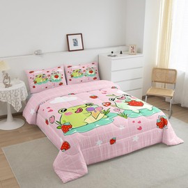 Homewish Cartoon Frog Comforter Set Full Size Red Mushroom Strawberry Bedding Bedroom Decor Cute Stars Cloud Pink Grid Quilt Kawaii Animals Plants Duvet Insert 3Pcs (ZZRS2949ZMD-BZ_USf)