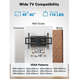 Pipishell Full Motion TV Wall Mount for 40–82 inch Flat or Curved TVs, Smooth Swivel & Extension, Tool-Free Tilt with Heavy-Duty Arms, Max VESA 600x400mm up to 110 lbs, Fits 12″/16″ Wood Studs, PILF11
