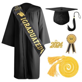 Blisscok Graduation Talar with Graduation Hat and Tassel 2024, 6-Piece Graduation Robe Set Black with Bachelor Hat Tassels 2024 for Bachelor Master Doctor, black