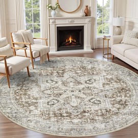 Tortania 8' Round Area Rug Living Room Rugs - Washable Boho Rug Vintage Oriental Distressed Farmhouse Large Thin Indoor Carpet for Bedroom Under Dining Table Home Office - Brown Blue