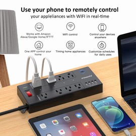 POWSAV 6 Ft WiFi Surge Protector - 8 Outlet Extension Cord with 4 Smart & 4 Always On Outlets, 4 USB Ports, Alexa & Google Home Compatible, Black