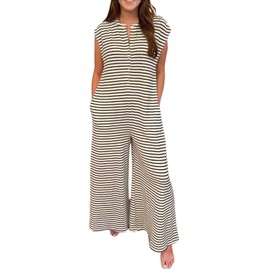 CHARTOU Women's Summer Loose Stripes Overalls Cap Sleeve One Piece Jumpsuit Buttons Wide Leg Pants Romper (Large,Black)