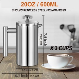 Small Stainless Steel French Press Coffee Maker 21oz(3 Cups), Double Wall Insulated for Hot& Cold Brew, Compact Coffee& Tea Press for Camping, Office, Travel with 3 Ultra-Fine Filters & Spoon- Silver
