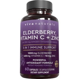 Viva Naturals Black Elderberry 1000mg with Vitamin C, D3 5000 IU & Zinc - 5-in-1 Immune Support Supplement for Adults, Sambucus Elderberry Capsules with Ginger for Men and Women, (60 Capsules)