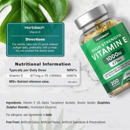 Vitamin E Capsules High Strength 1000iu | 200 Count | Vitamin E as DL-Alpha Tocopheryl Acetate | No Artificial Preservatives | by Horbaach