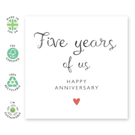 5th Anniversary Card for Husband or Wife - 'Five Years Of Us Text Heart' - Gifts for Wife, Husband, Spouse, Partner, Honey,Babe, Darling, Men, Women - Fifth Celebration- Comes with Fun Stickers