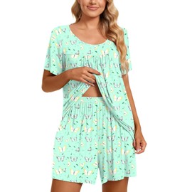 TAOHUADAO Womens Summer 2 Piece Pajama Sets, Short Sleeve Pleated Tunic Tops with Comfy Shorts, Lounge Sleepwear Ladies Pjs Sets with Pockets XL, Butterfly-Green
